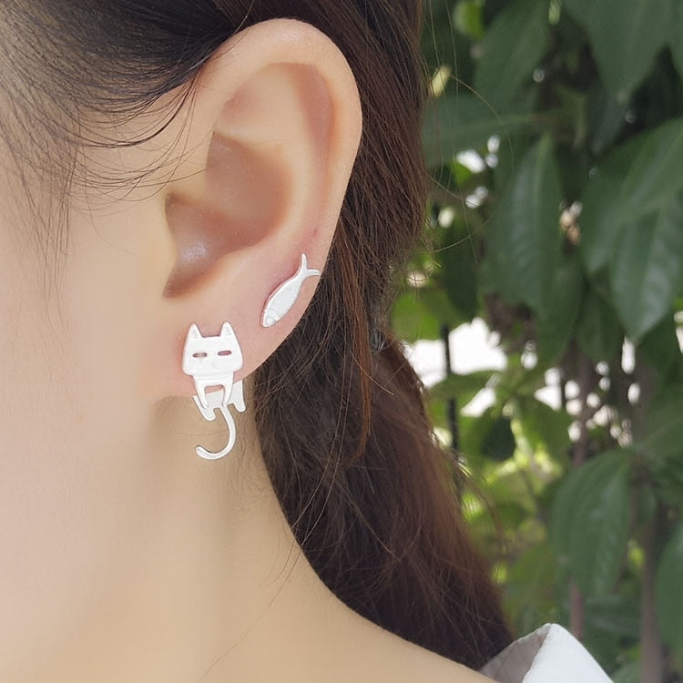 Boucles D'oreilles Chat En Argent 925 – Plaqué Or Ou Rhodium – Légeres, Hypoallergéniques – Cadeau